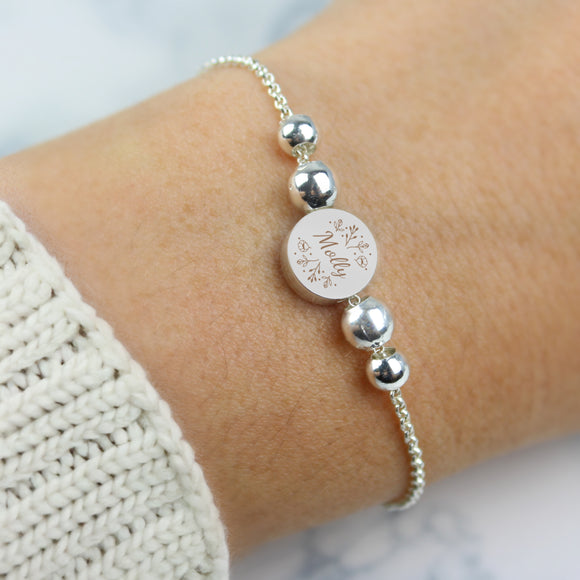 Personalised Silver Tone Wild Flowers Disc Bracelet