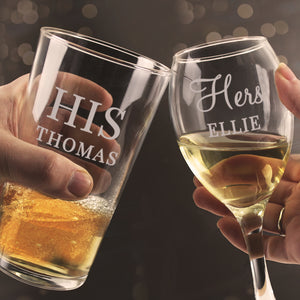 Personalised His & Her Pint and Wine Glass Set