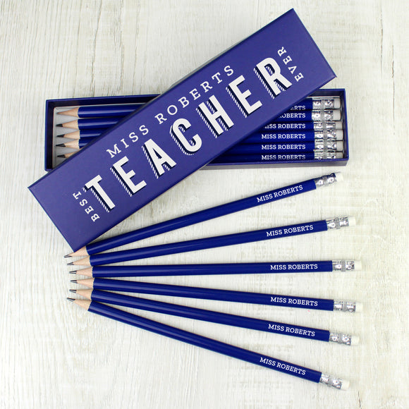 Personalised Best Teacher Ever Box and 12 HB Pencils Blue or Pink