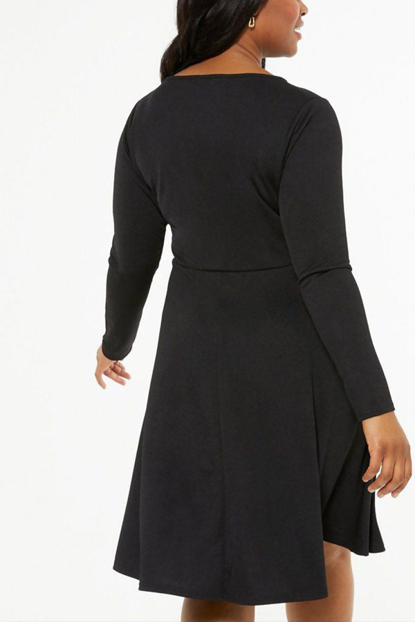 PLUS SIZE BLACK KEYHOLE LONG SLEEVE SKATER DRESS Sapphire Home