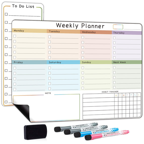 ANLIOTE Magnetic Weekly Planner Whiteboard for Fridge, Dry Erase Fridge Calendar and Small to Do List Notepad with 4 Marker Pens & Magnet Eraser